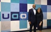 President Brian O. Hemphill, Ph.D. and First Lady Marisela Rosas Hemphill, Ph.D. in front of ODU wall.